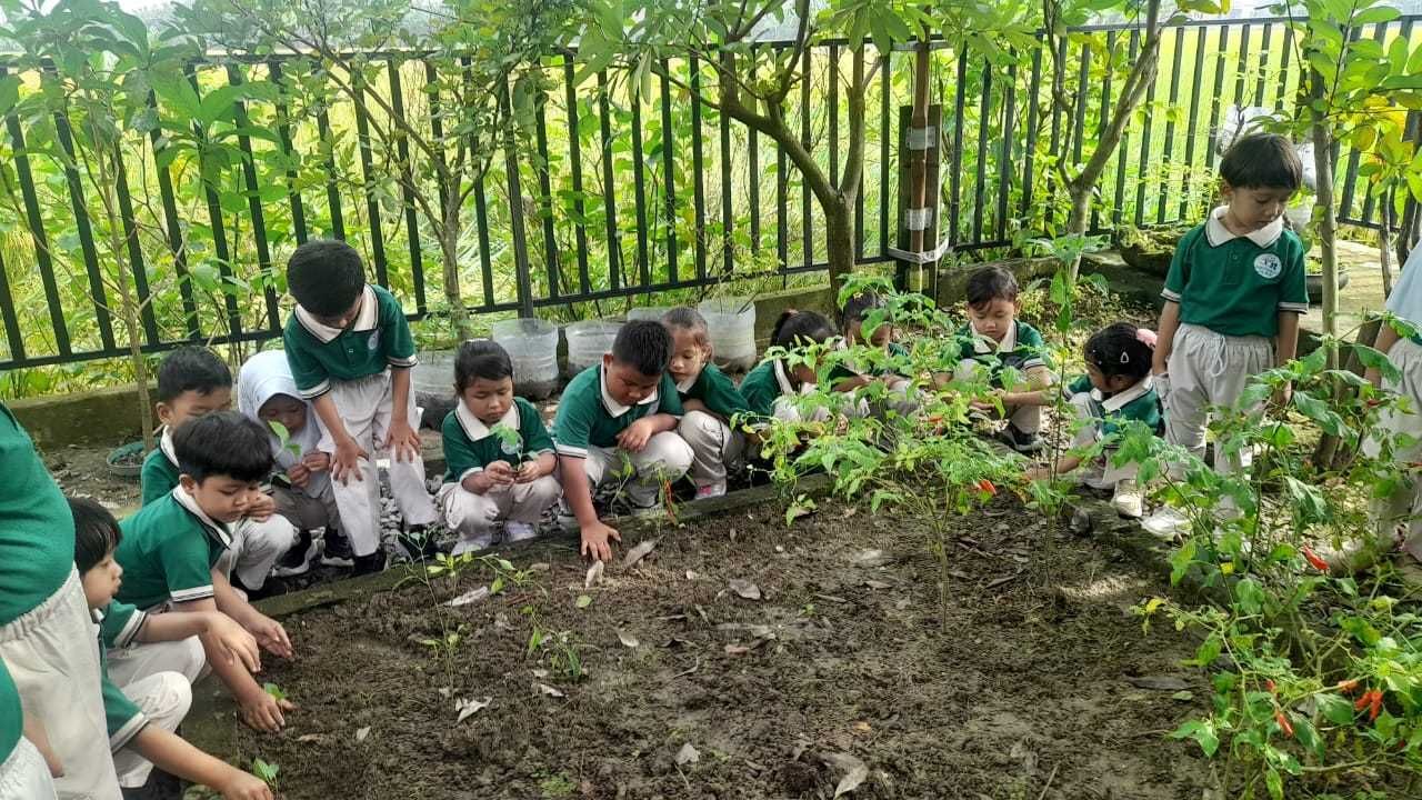 Children in green uniforms tending a garden with plants and soil.