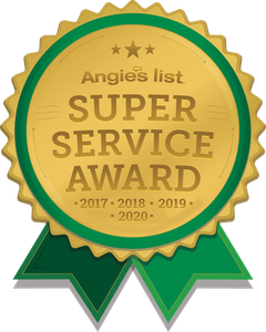 Angie's List Super Service Award badge, gold and green, awarded from 2017-2020.