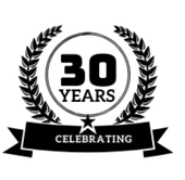A black and white logo that says 30 years celebrating