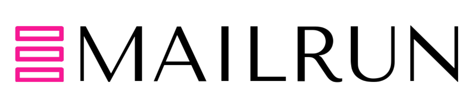 Logo for MailRun. Pink stacked lines with black text that reads 