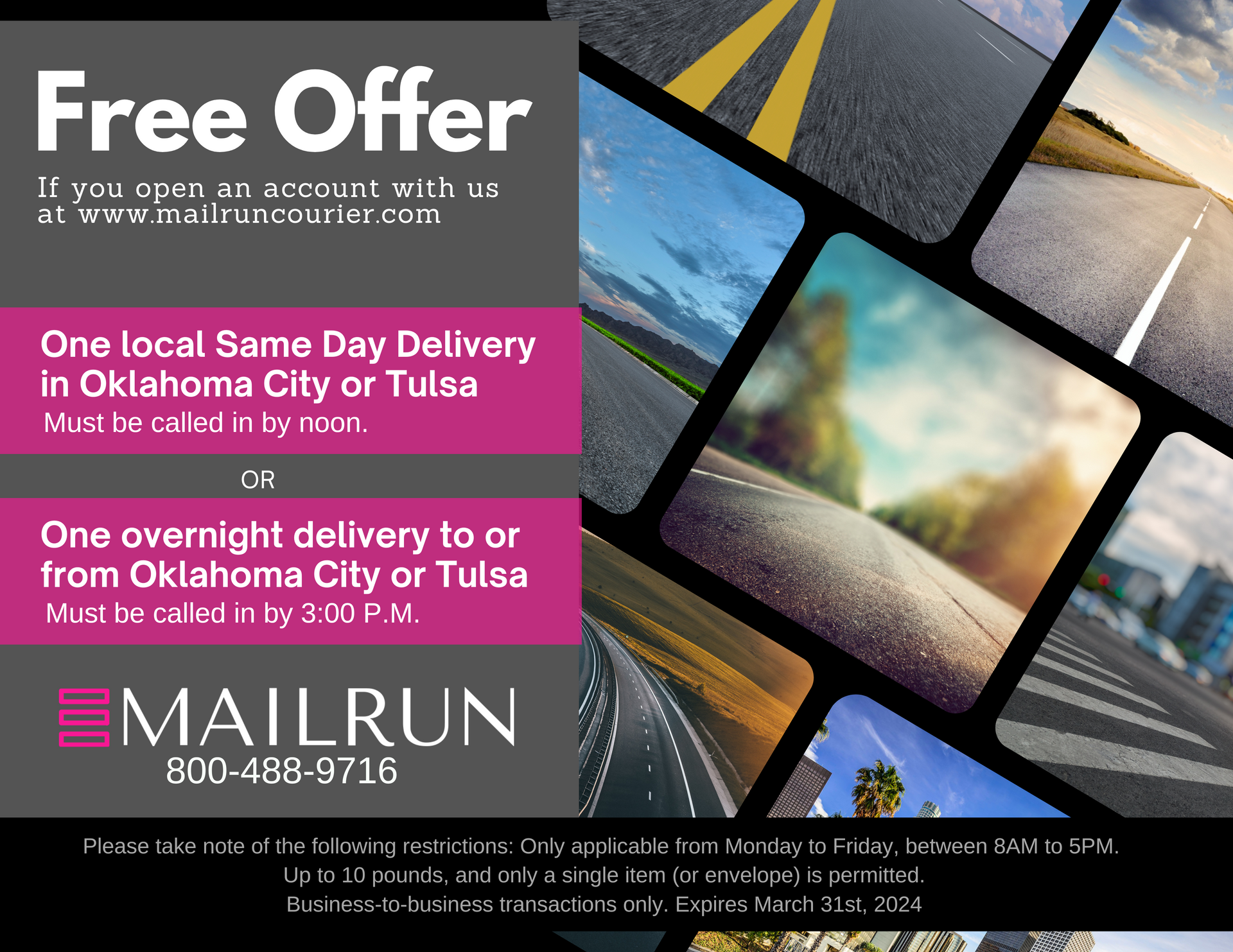 Advertisement for Mailrun: Free local or overnight delivery in Oklahoma City or Tulsa.