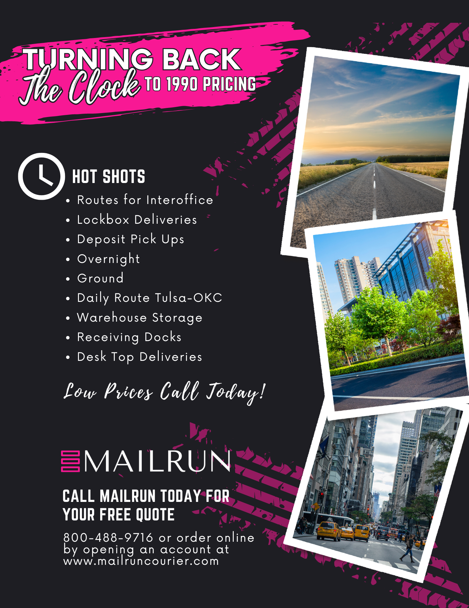 Flyer for Mailrun, a courier service offering low prices, listing services like overnight delivery.