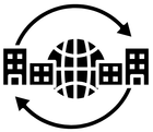 Buildings connected to the globe with circular arrows, representing global business or exchange.