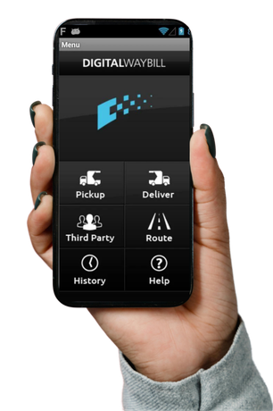 A hand holding a smartphone displaying the Digital Waybill app, with options for Pickup, Deliver, and more.