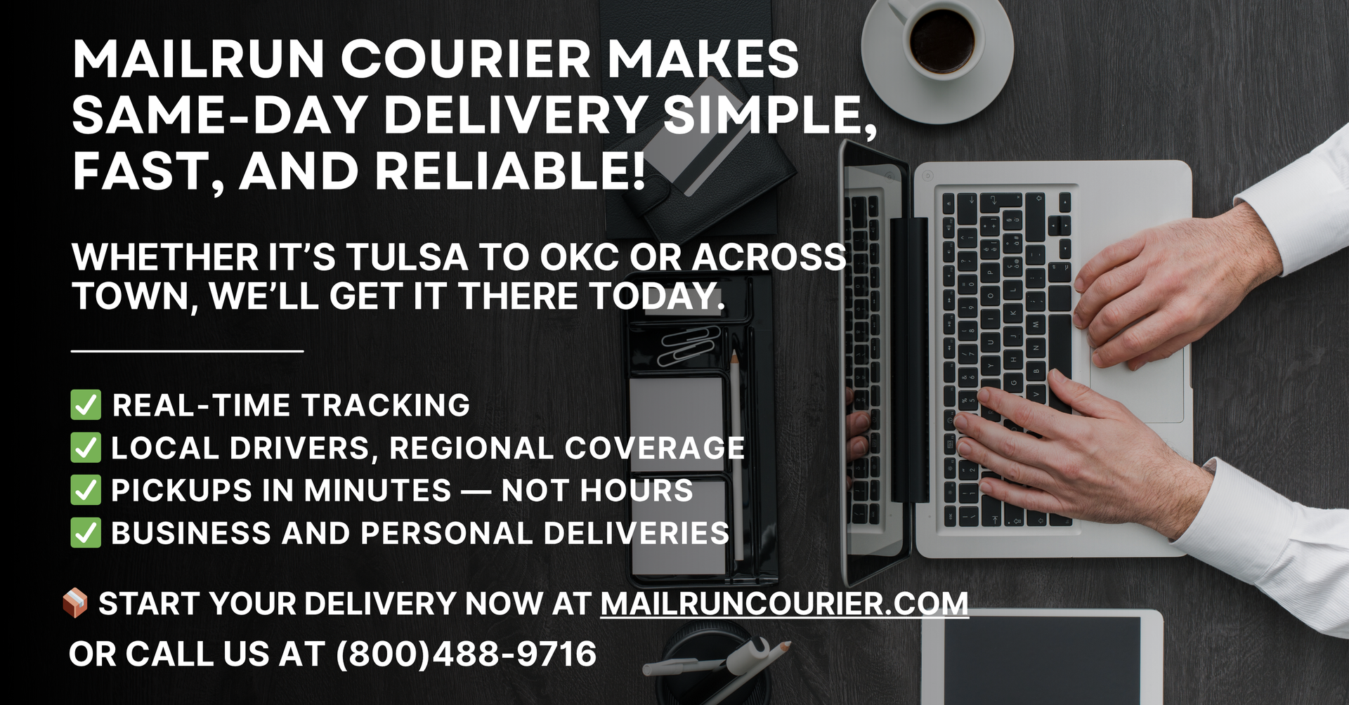 Mailrun Courier ad: Laptop, coffee, and hands; same-day delivery service.