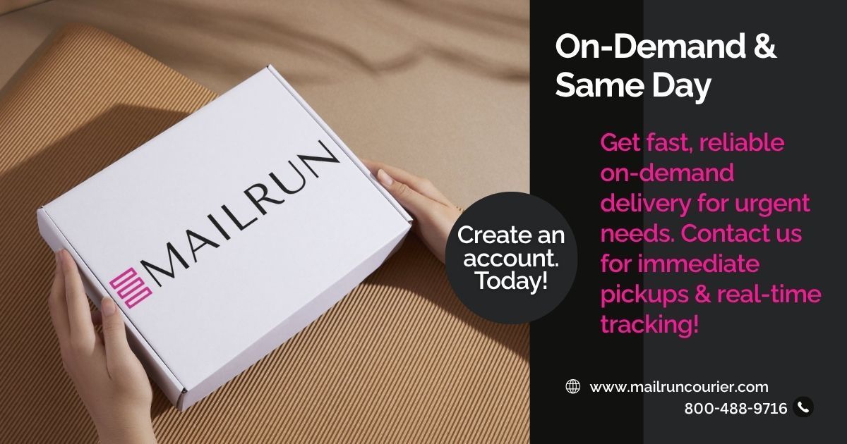 Hands holding a Mailrun box. Advertisement for on-demand & same-day delivery, with a call to action to create an account.
