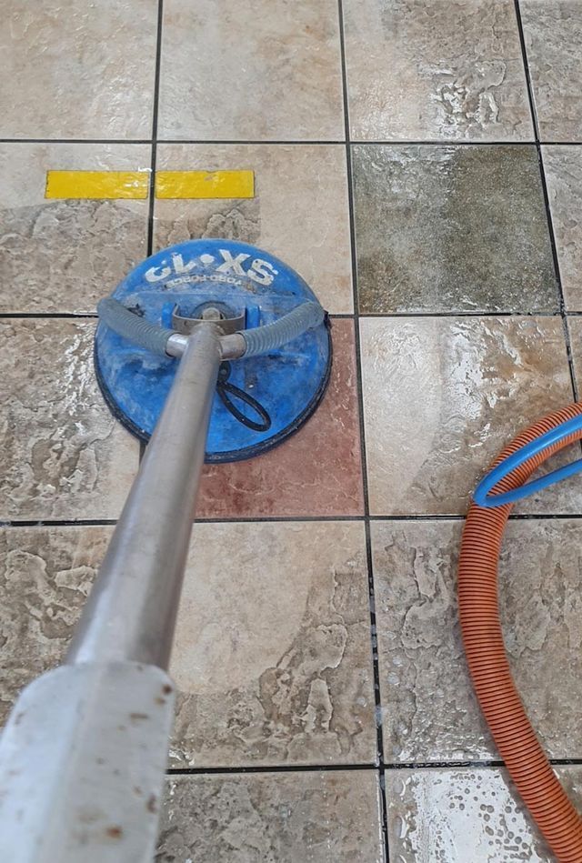 Using Machine to Clean Tile — Townsville, QLD — Bethel Carpet Cleaning
