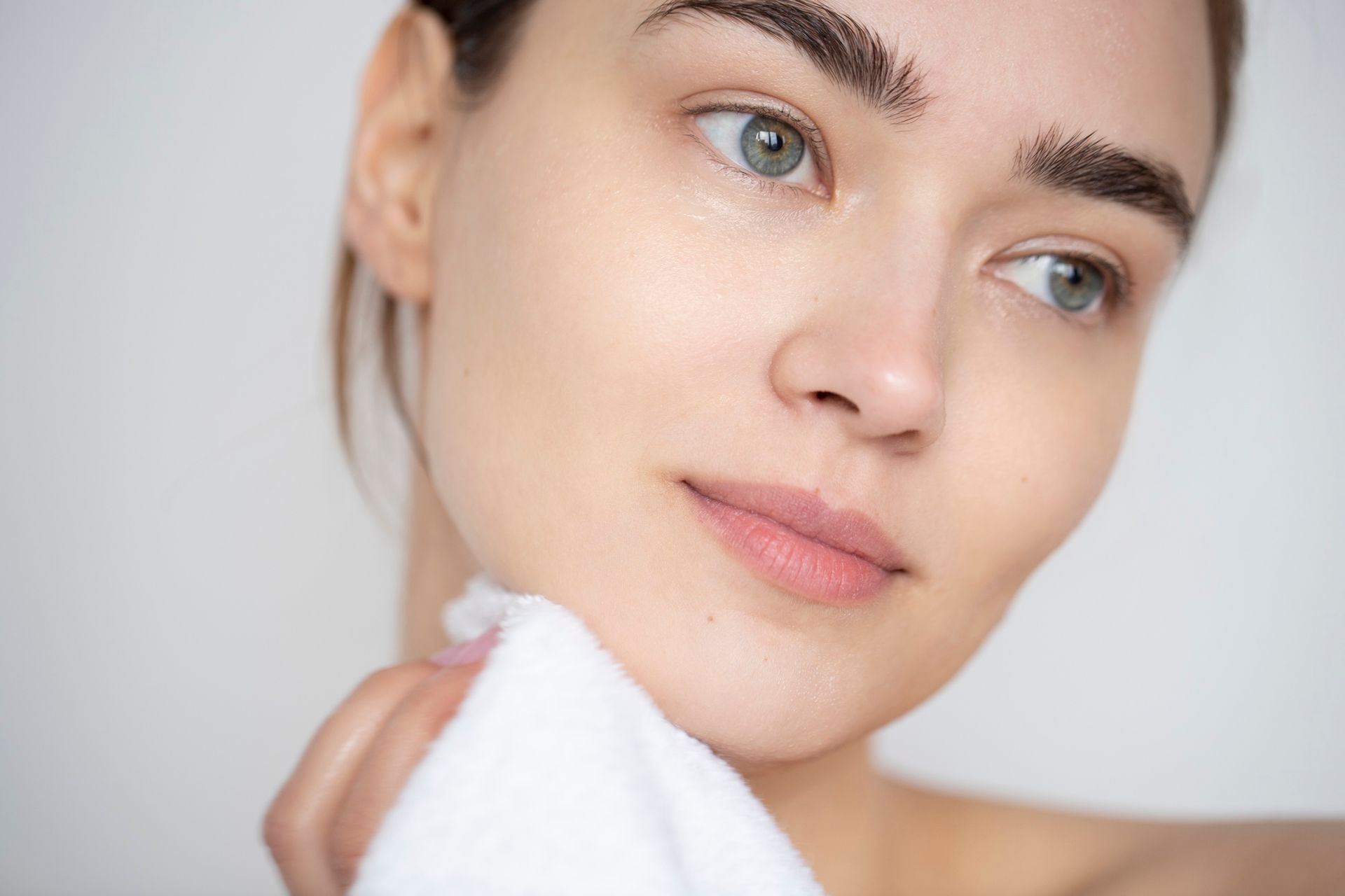 A woman is cleaning her face with a towel.
