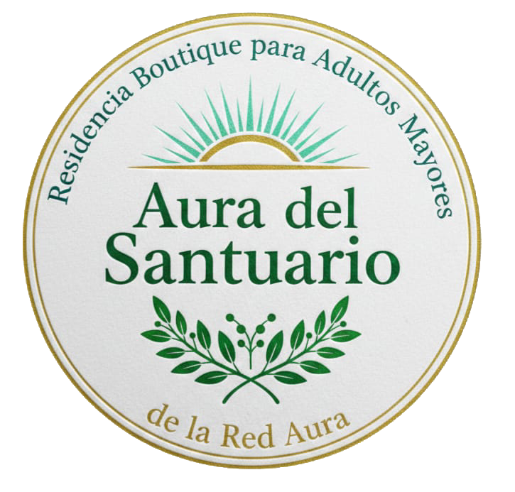 Logotipo circular para Aura del Santuario: texto verde sobre fondo blanco con un icono de sol dorado y ramas de olivo.