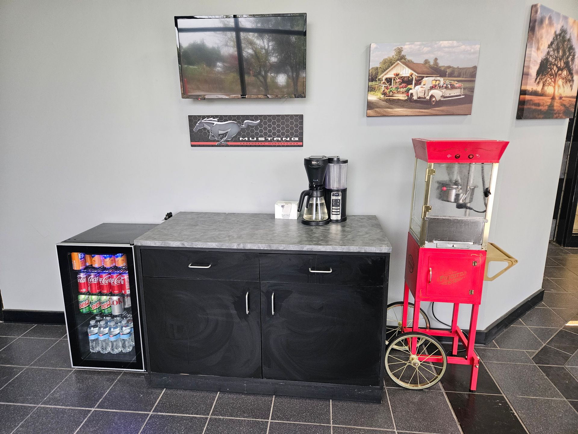 Complimentary Coffee, Soda, Water and Popcorn