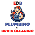 EDB Plumbing & Drain Cleaning logo with cartoon plumber holding wrench in red, blue, and orange.