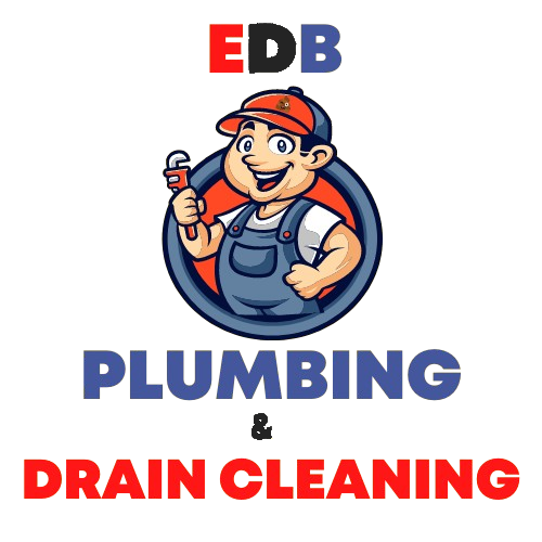 EDB Plumbing & Drain Cleaning logo with cartoon plumber holding wrench in red, blue, and orange.