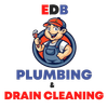 EDB Plumbing & Drain Cleaning logo with cartoon plumber holding wrench in red, blue, and orange.