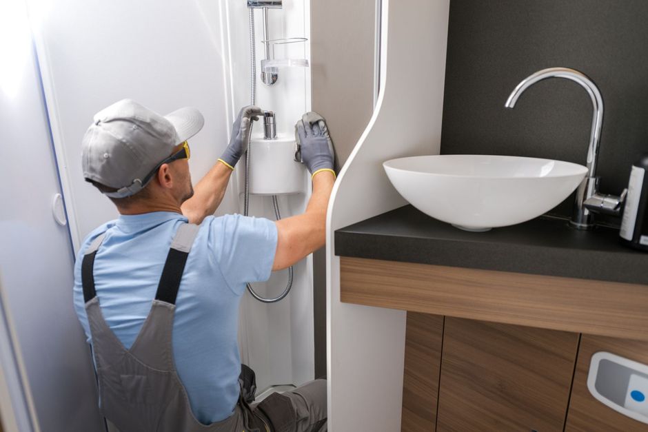 Technician repairing bathroom plumbing beside a white sink and countertop
