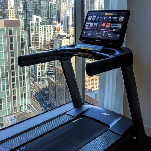 A treadmill with a monitor on top of it