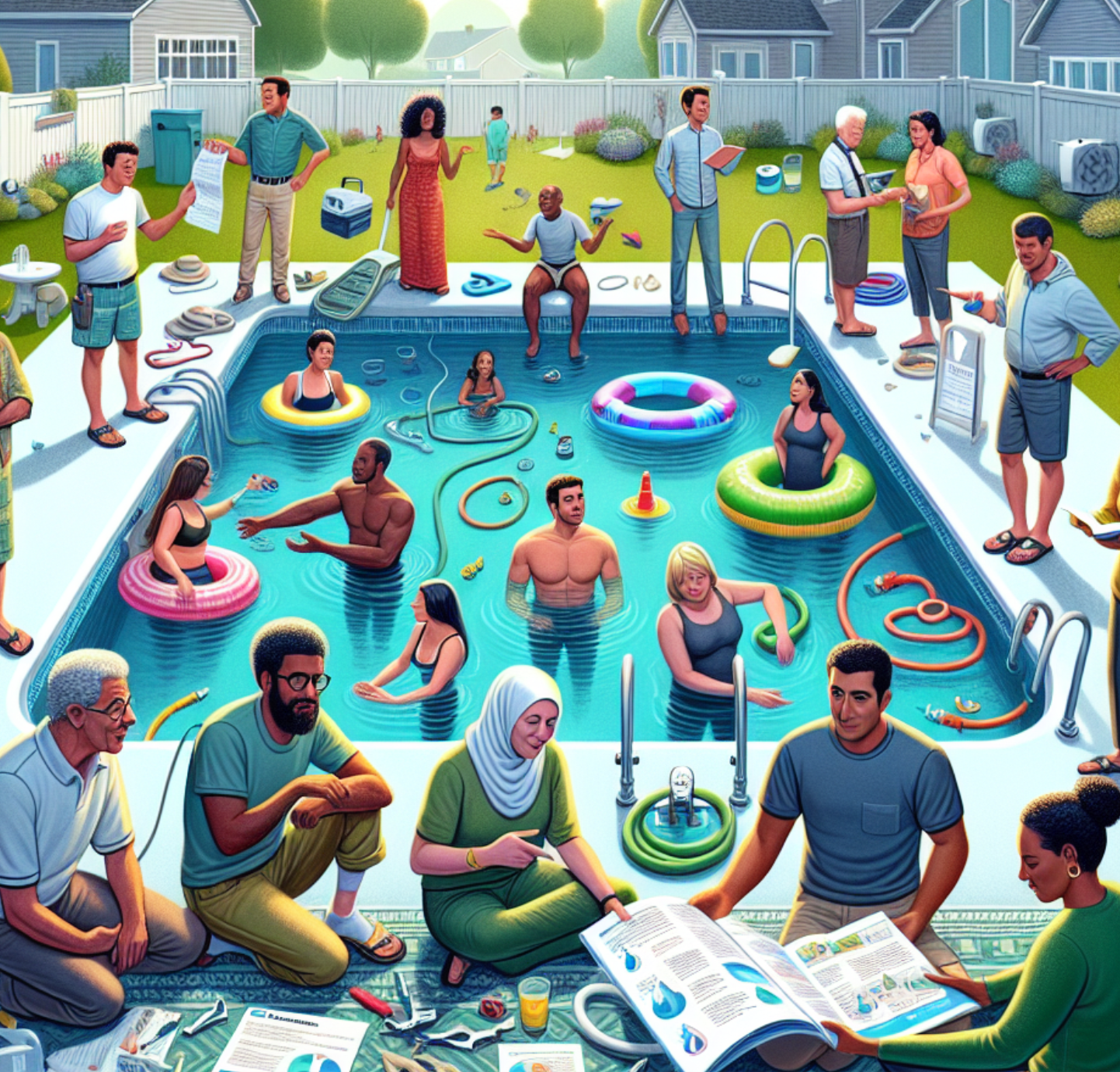 A group of people are gathered around a swimming pool