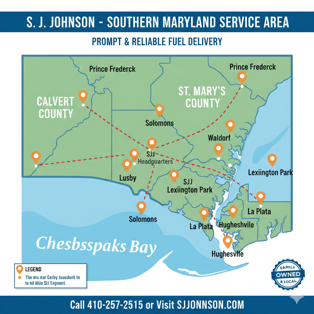 Map showing S.J. Johnson's fuel delivery area in Southern Maryland, with towns marked. Includes a phone number and website.