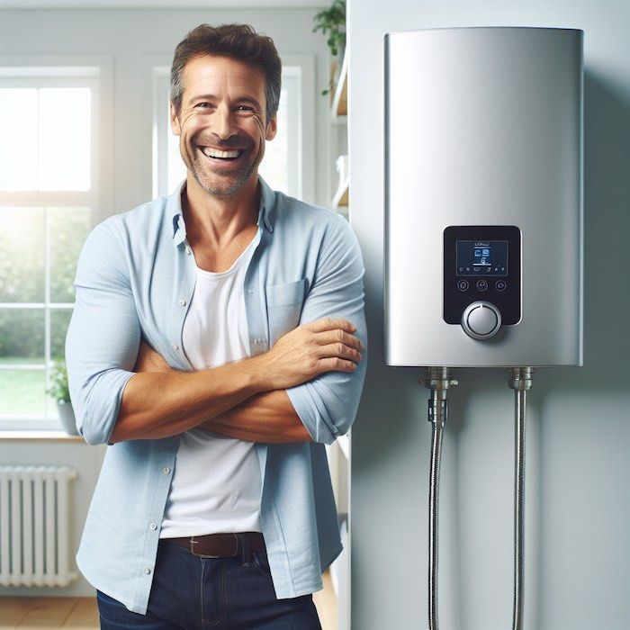 A scene displaying a joyful Caucasian man standing next to a modern Navien tankless water heating system from SJ Johnson Company. 