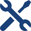 A blue crossed wrench and screwdriver icon on a white background.