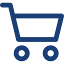 A blue shopping cart with wheels on a white background.