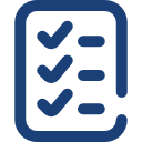 A blue icon of a checklist with three check marks.