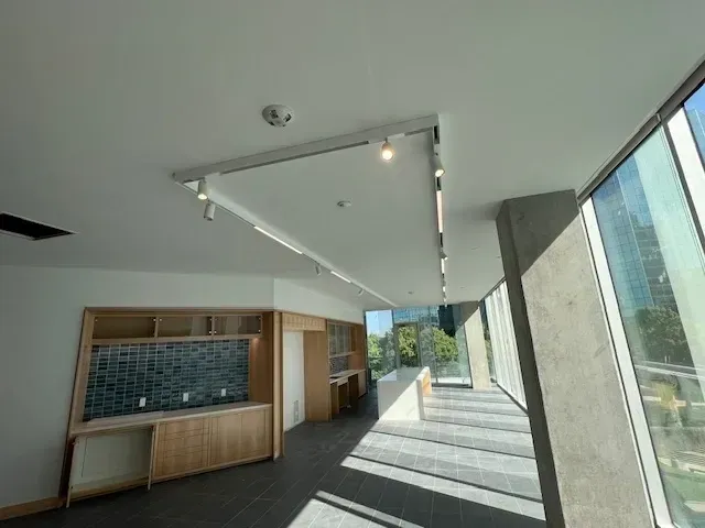 A modern, empty room with floor-to-ceiling windows, built-in wooden cabinetry, and track lighting.