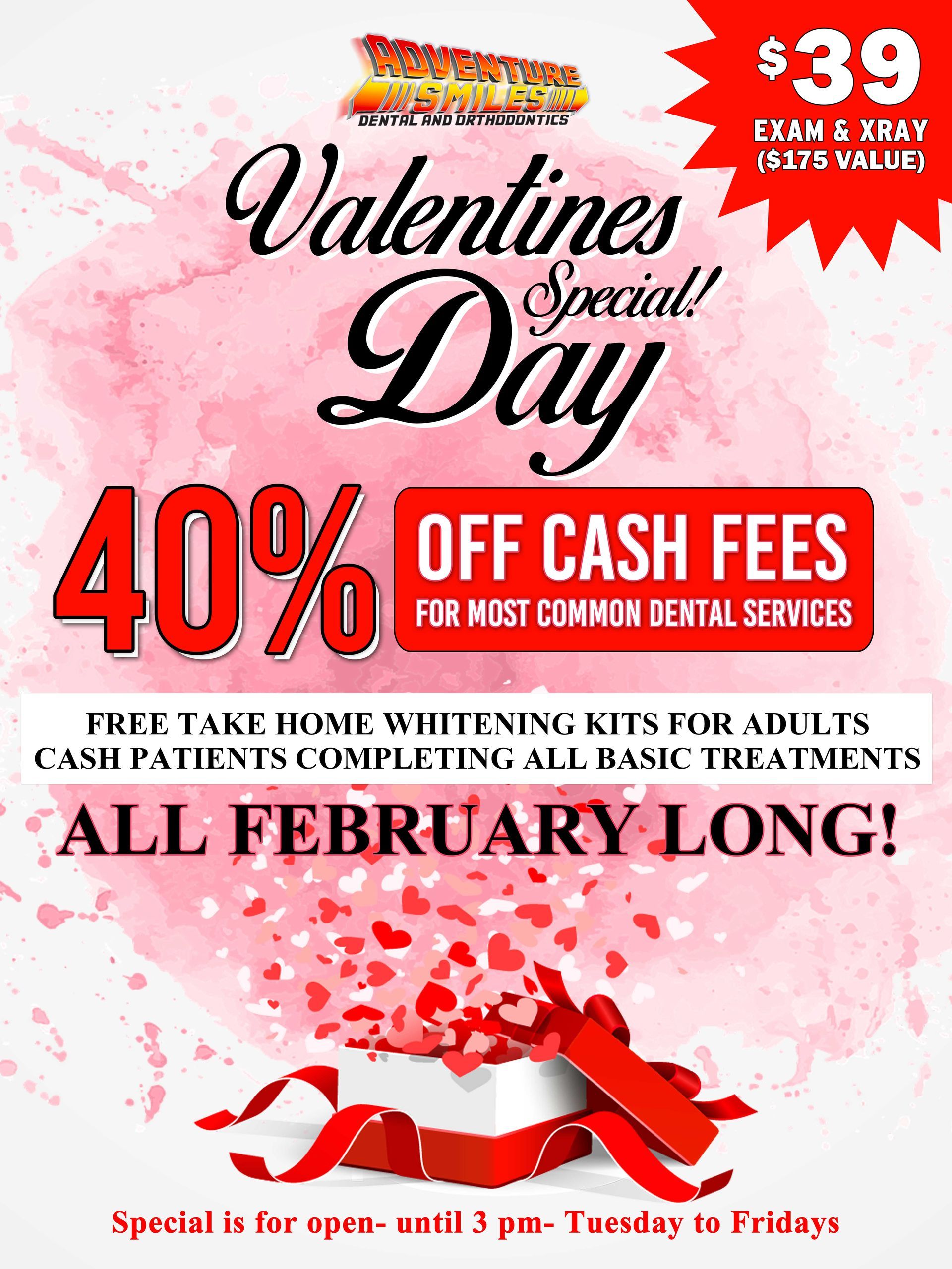 a valentine 's day special is offering a 40 % off cash fees for most common dental services .