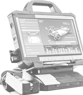 Rugged tablet displaying car diagnostics, mounted on a base | Ken's Import Service