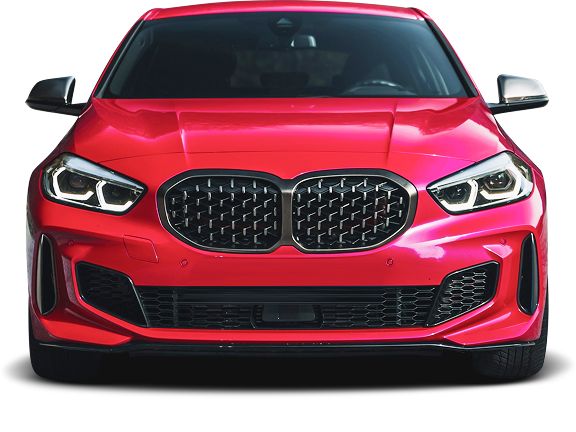Red BMW car, front view, with black grill and headlights | Ken's Import Service