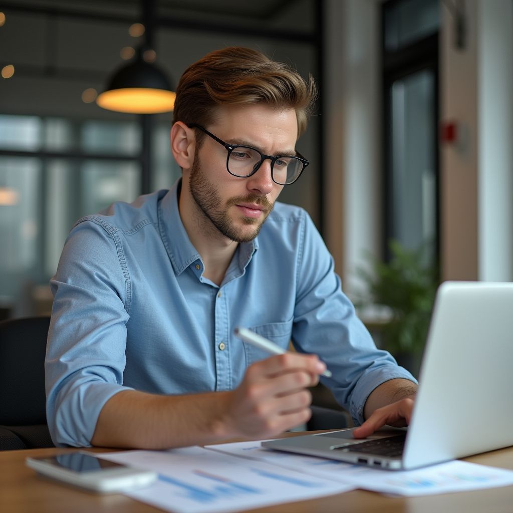 Man wearing glasses works on laptop, holding pen, looking focused at a desk looking at compensation strategies.