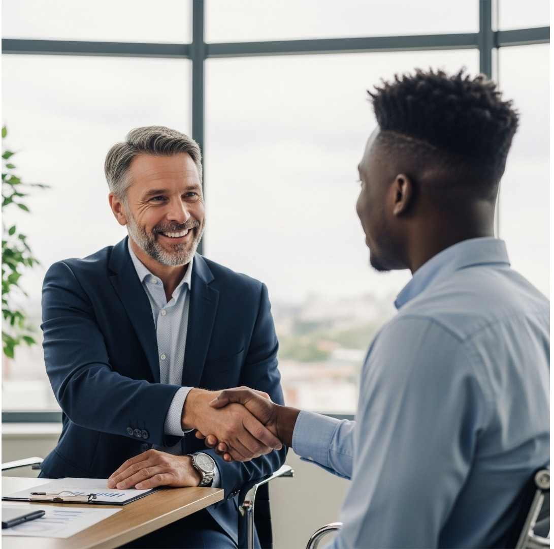 HR consultants can be two men in suits shaking hands at a desk, smiling, in front of a window.