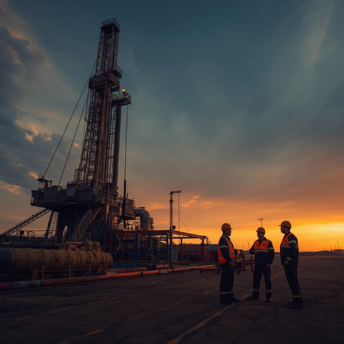 Oil rig with three workers in safety gear against a sunset sky. supervisor oilfield HR
