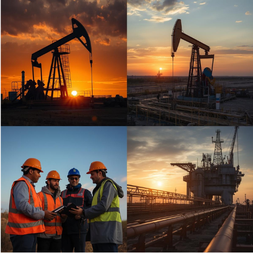 Oil industry scenes: pump jacks at sunset, engineers reviewing data, offshore oil rig at sunset.