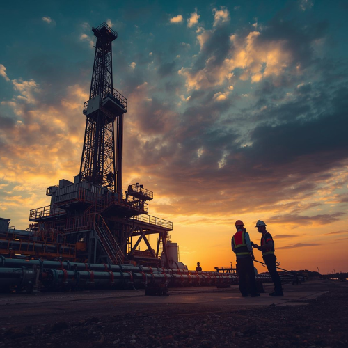 oilfield HR rig at sunset with two workers in silhouette, discussing near the equipment. 