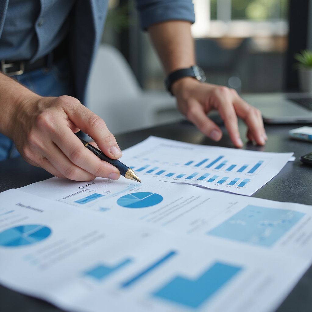 Person pointing at charts with a pen, examining financial data for compensation.