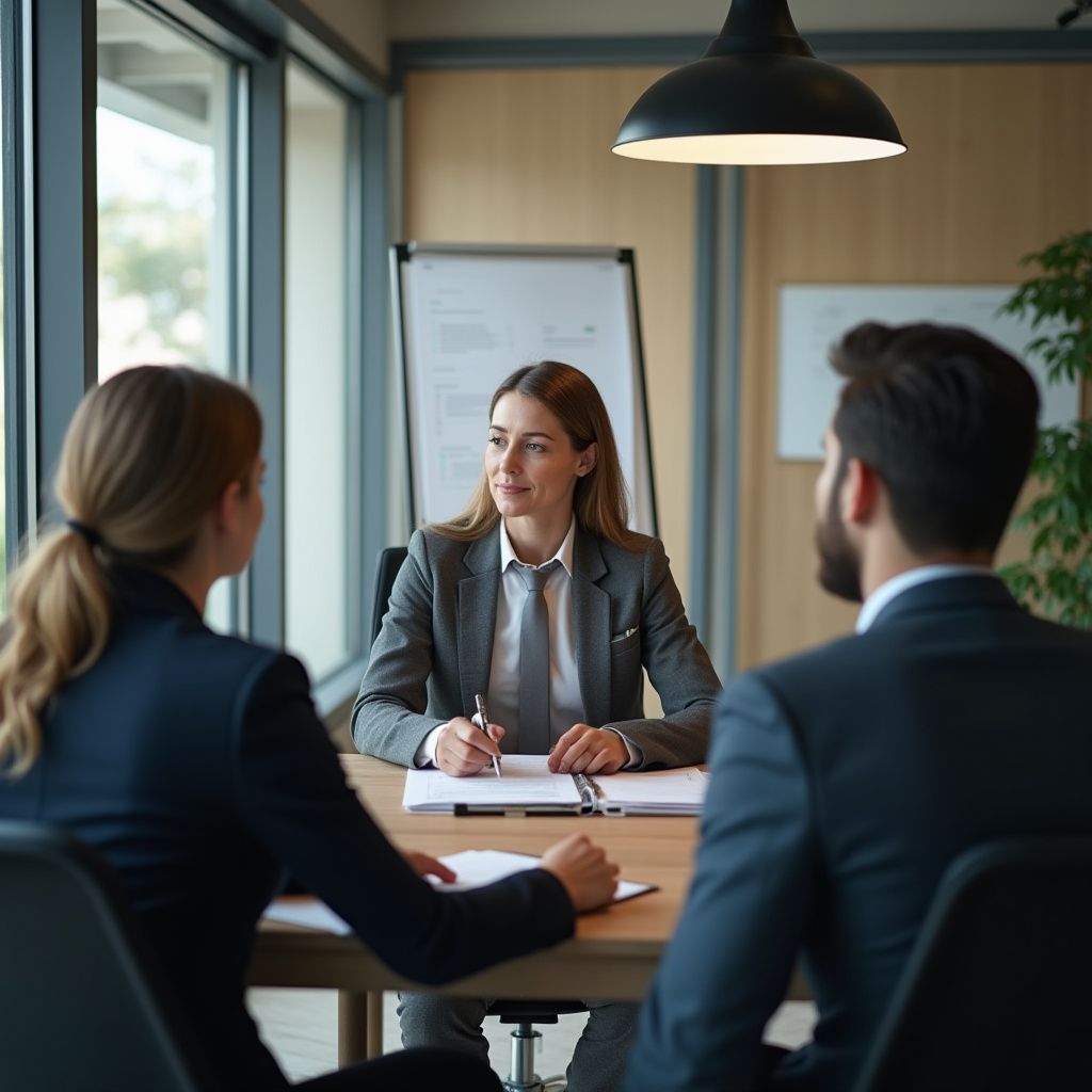 HR Advisors in suits at a table in an office, discussing compensation strategies.