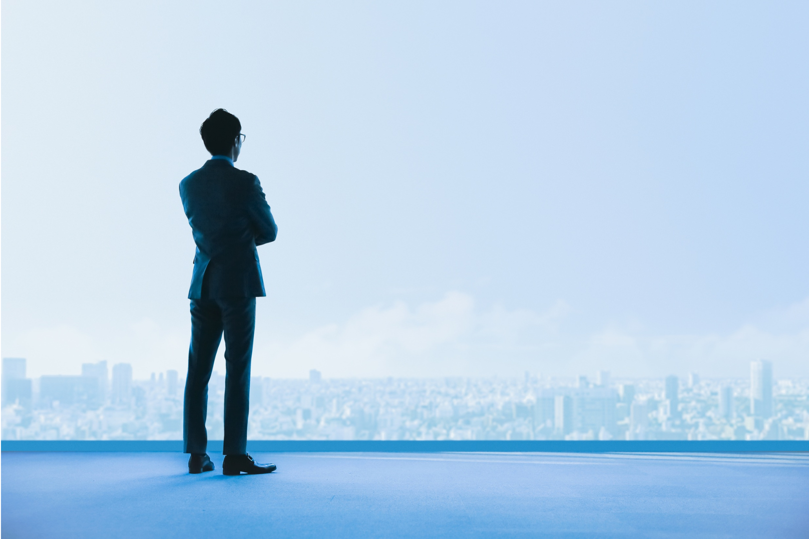 An HR Advisor and Risk Mitigator standing in suit looking out over cityscape.