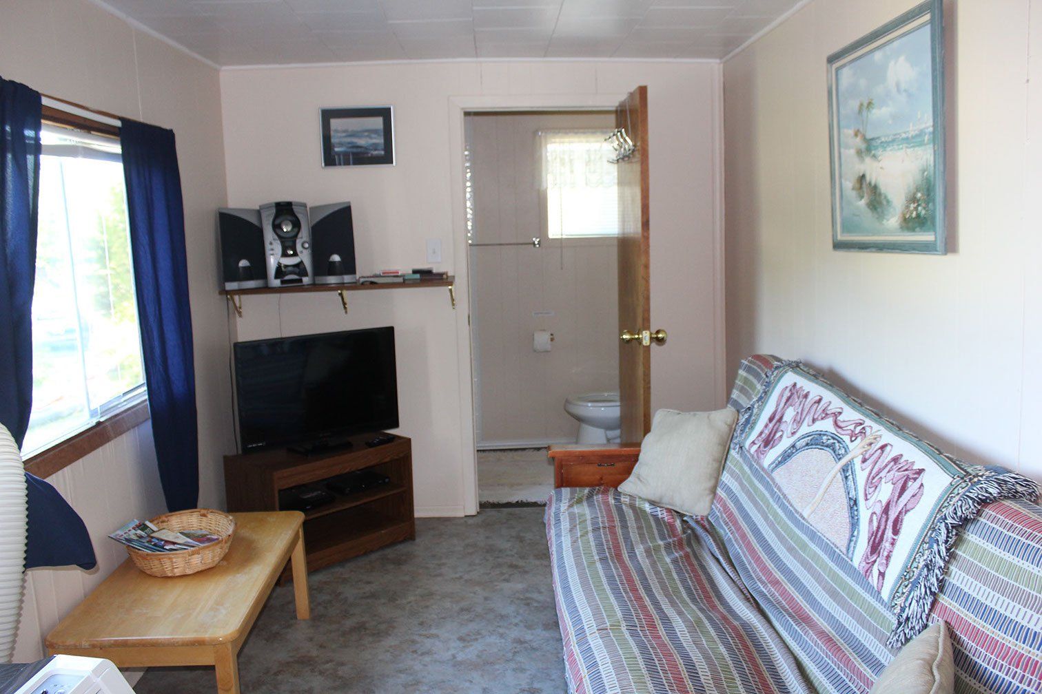 A living room with a couch and a television