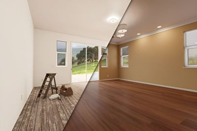 Room renovation before and after: unfinished side with ladder, finished side with new flooring and paint.