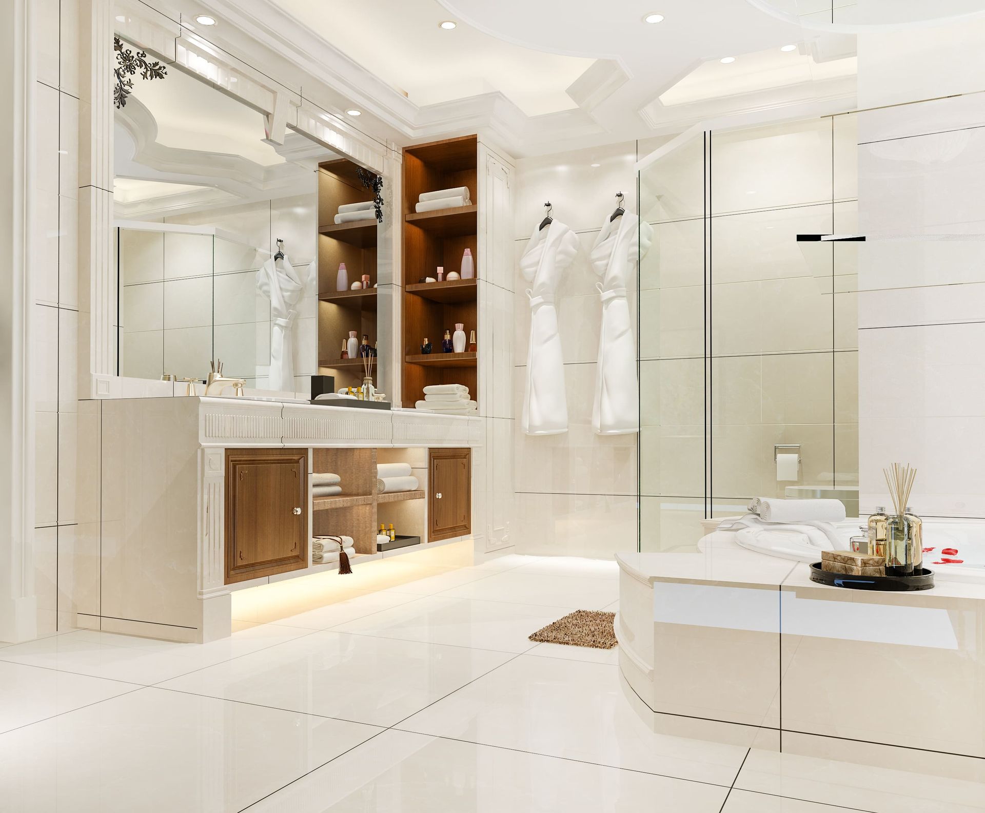 Modern gray bathroom with a walk-in shower, white toilet, and floating vanity with a light wooden cabinet.