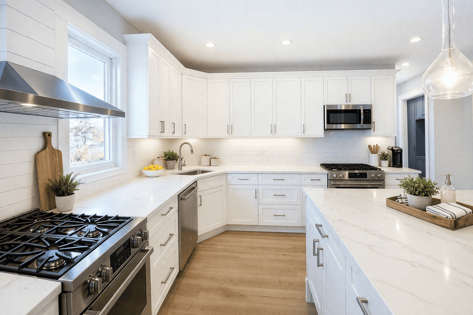 A bright bathroom with a wooden accent wall, sink, and floor, a bathtub, and white walls.