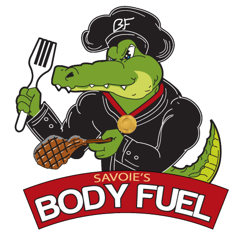 The logo for savoie 's body fuel shows a crocodile holding a fork and a steak