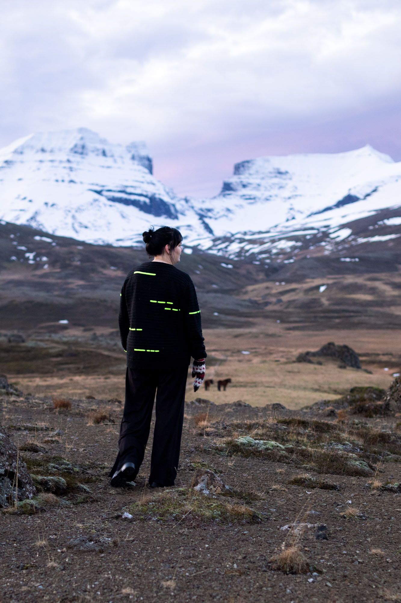 Person looking at snow-capped mountains; barren landscape, overcast sky.