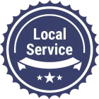 A dark blue circular seal with a serrated border, featuring the text 