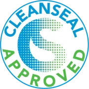 A circular logo featuring a large blue-to-green dotted letter 
