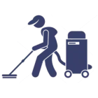 A dark blue icon of a person wearing a cap and using a wheeled floor cleaner or industrial vacuum.