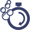 A blue icon of a circular timer with bubbles floating next to it, indicating a quick wash or laundry cycle.