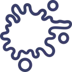 A dark blue, outlined ink splatter or paint blob with three small, circular droplets floating around it.