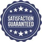 A circular blue badge with wavy edges featuring the white text 