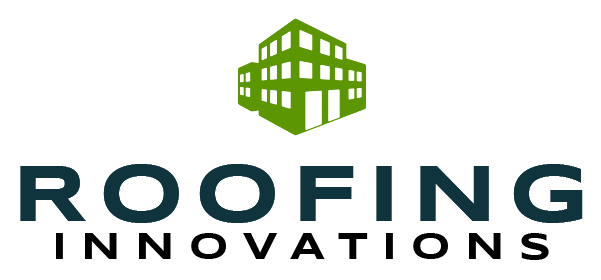 A logo for Roofing Innovations with a green building in the middle.